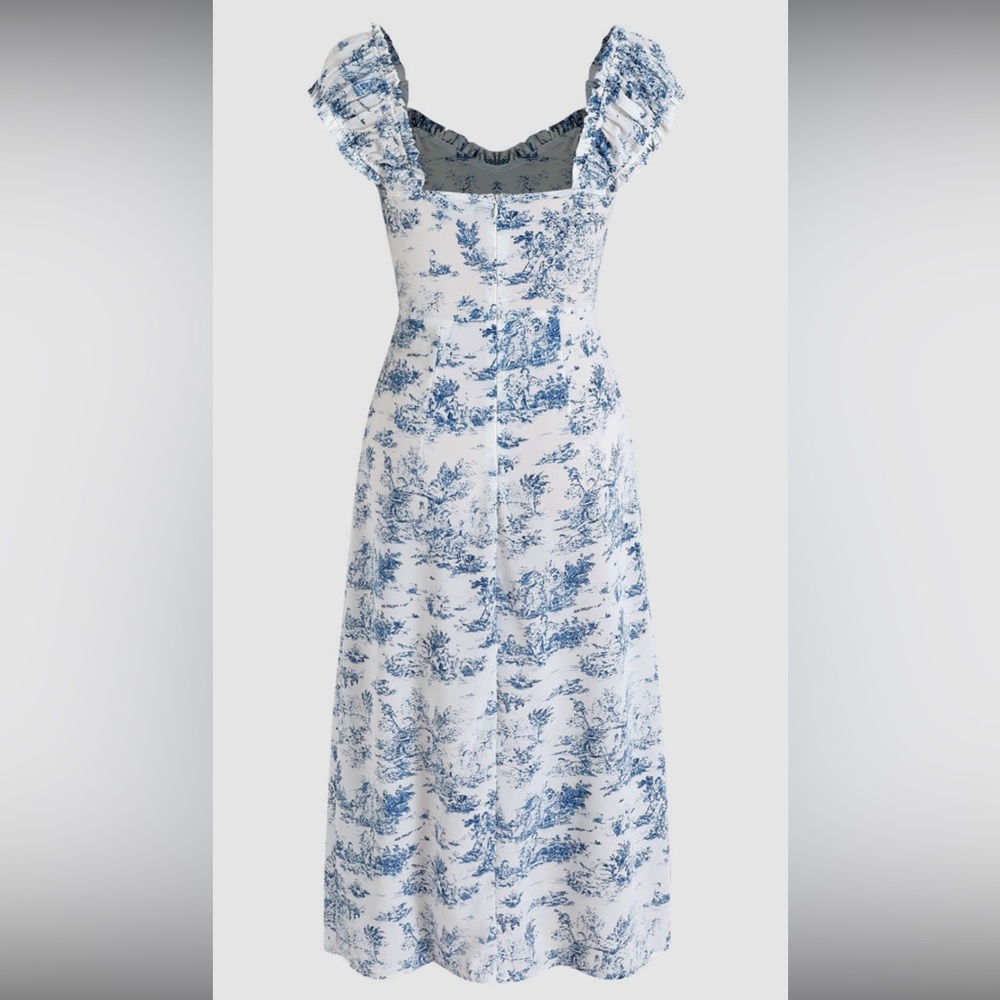 Toile de Jouy ruffle trim slit midi dress from Cider never worn